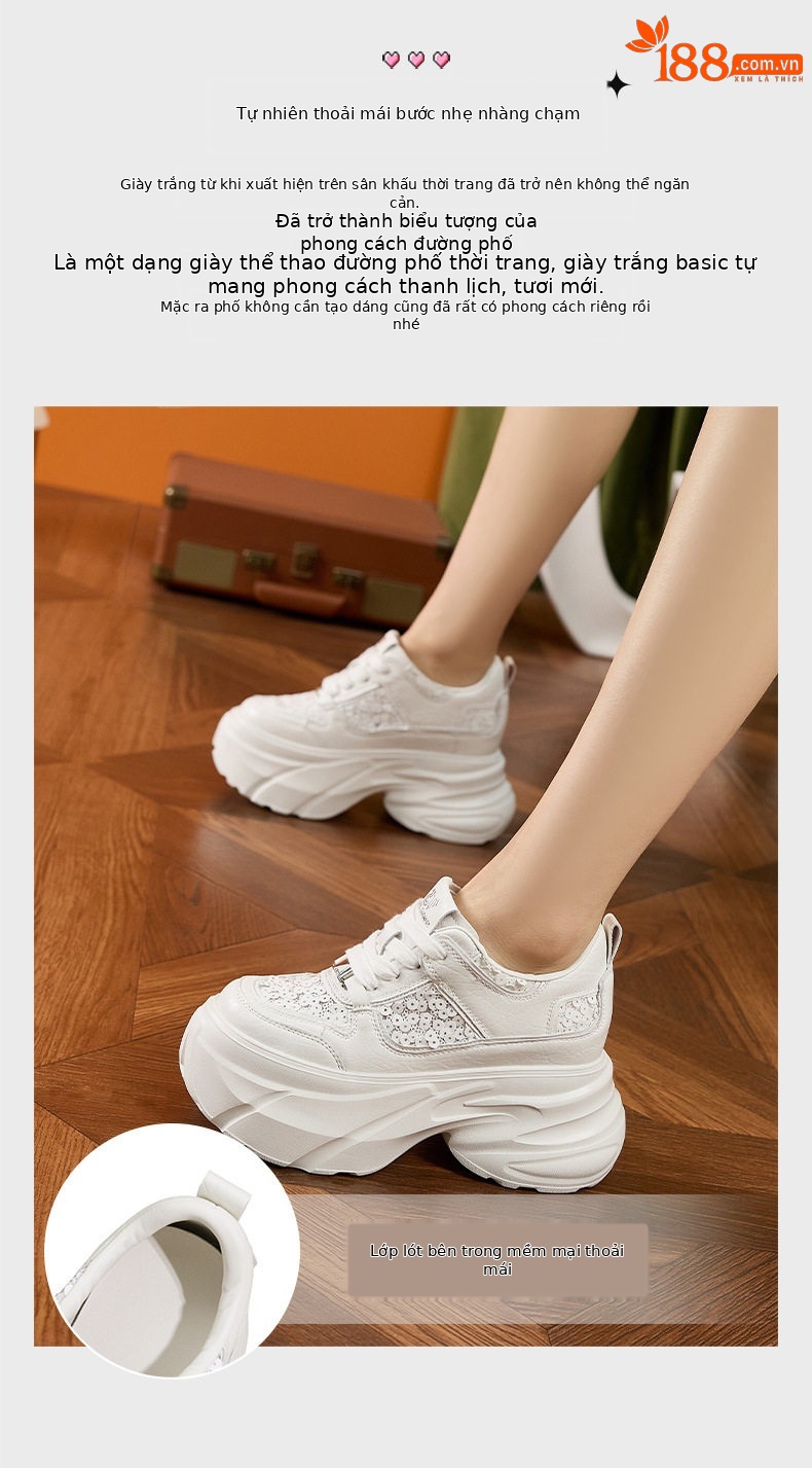 Giày thể thao đế xuồng platform nữ đế dày 8 cm, mũi tròn, dây buộc phối lưới thoáng khí — Bạc, Trắng chi tiết 5