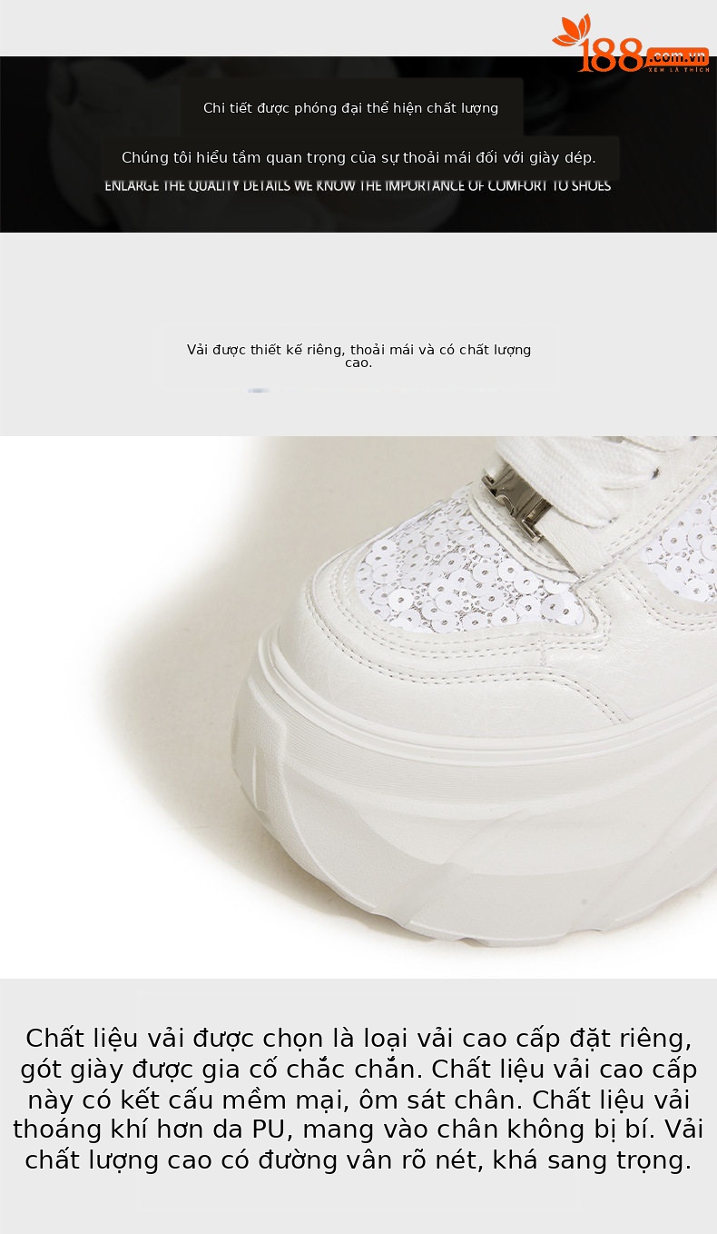 Giày thể thao đế xuồng platform nữ đế dày 8 cm, mũi tròn, dây buộc phối lưới thoáng khí — Bạc, Trắng chi tiết 6