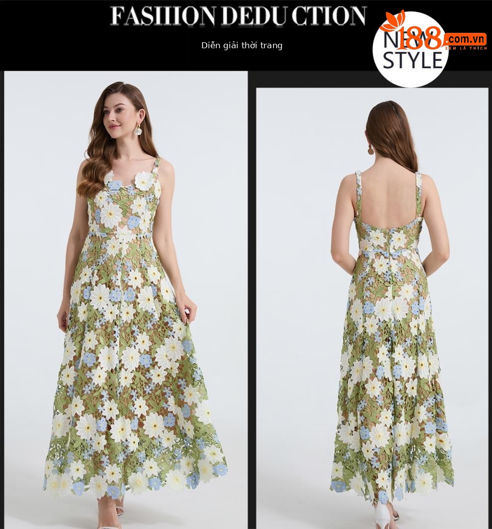 Váy hai dây maxi nữ phong cách nghỉ dưỡng gợi cảm, họa tiết hoa hòa tan khâu rỗng, mẫu mới mùa hè 2025 — tím, Màu xanh lá chi tiết 2