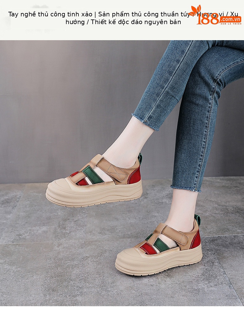 Giày lười nữ da bò đục lỗ đế dày Velcro — Màu vàng chi tiết 1