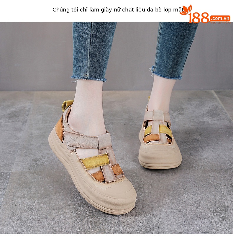 Giày lười nữ da bò đục lỗ đế dày Velcro — Màu vàng chi tiết 2