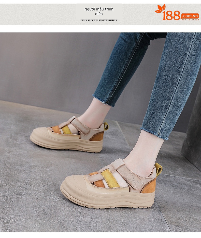 Giày lười nữ da bò đục lỗ đế dày Velcro — Màu vàng chi tiết 8