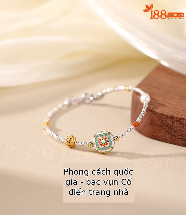 Vòng tay bạc S925 mạ vàng đính ngọc trai men xanh họa tiết hoa dại cao cấp — một mảnh chi tiết 1