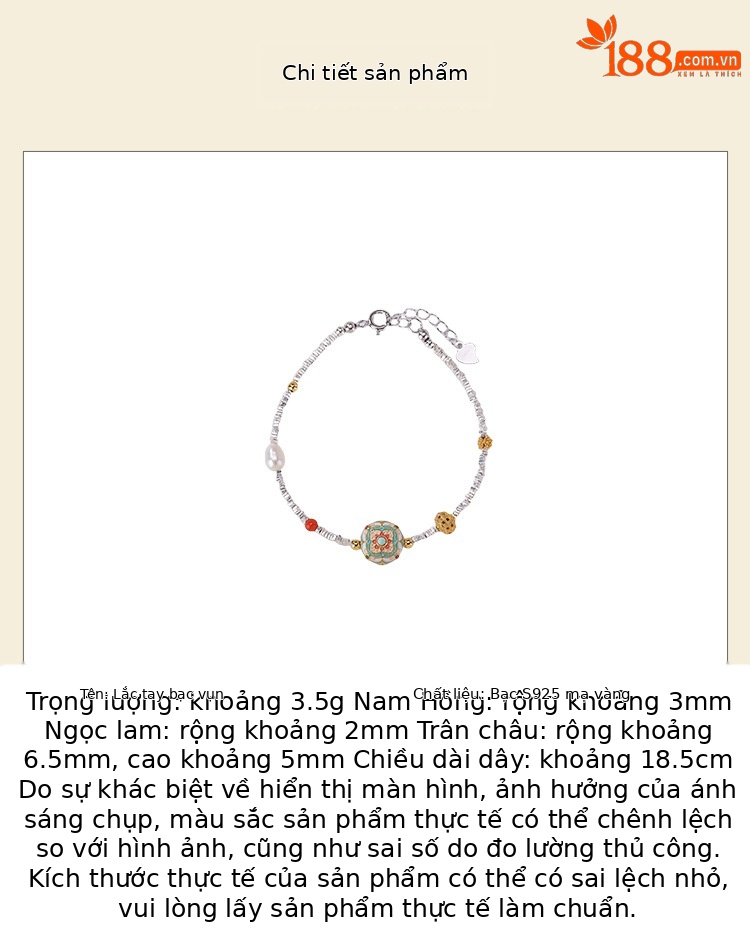 Vòng tay bạc S925 mạ vàng đính ngọc trai men xanh họa tiết hoa dại cao cấp — một mảnh chi tiết 2