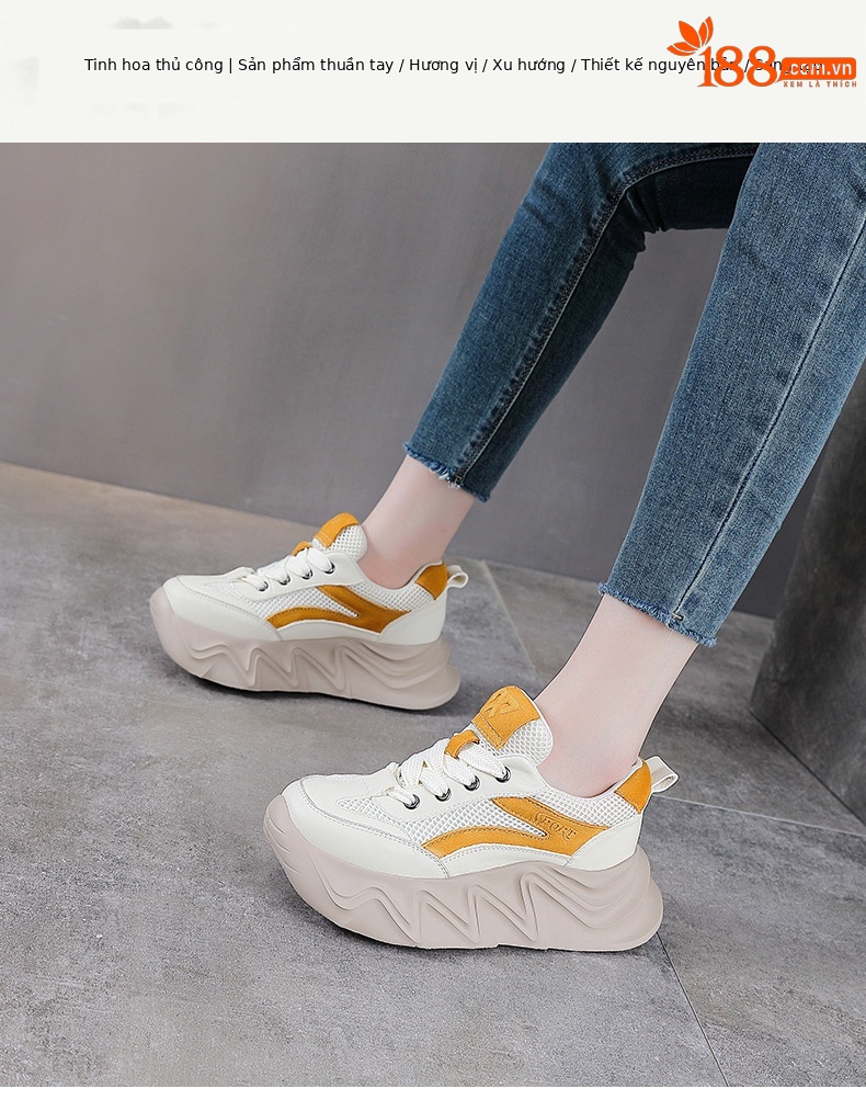 Giày sneaker chunky đế dày da bò cho nữ phối màu cổ điển — Màu đen chi tiết 1