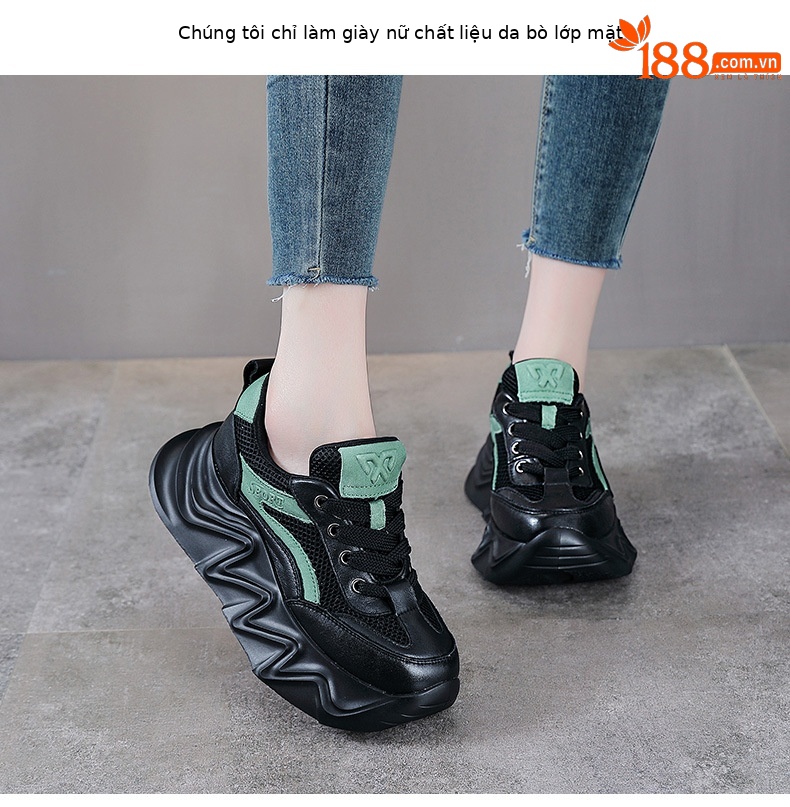 Giày sneaker chunky đế dày da bò cho nữ phối màu cổ điển — Màu đen chi tiết 2