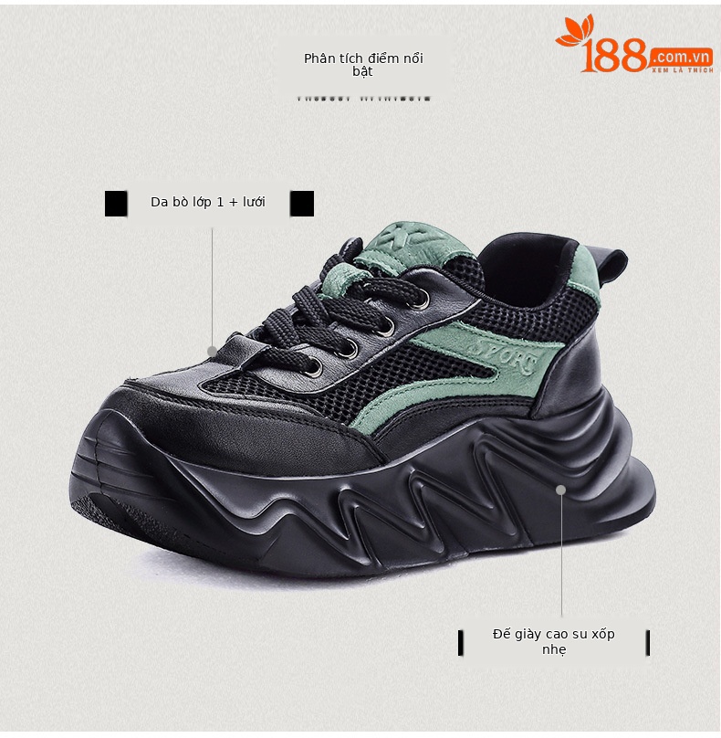 Giày sneaker chunky đế dày da bò cho nữ phối màu cổ điển — Màu đen chi tiết 3