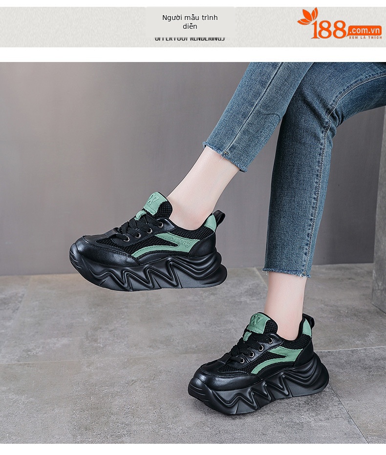 Giày sneaker chunky đế dày da bò cho nữ phối màu cổ điển — Màu đen chi tiết 9