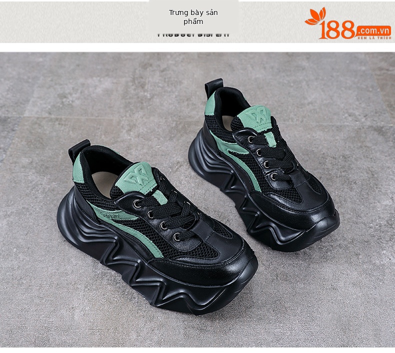 Giày sneaker chunky đế dày da bò cho nữ phối màu cổ điển — Màu đen chi tiết 10