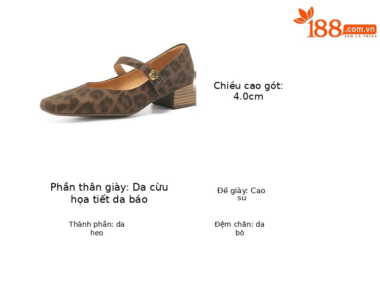 Giày bệt mũi vuông gót thấp họa tiết báo, khóa hoa, miệng nông, chất da bóng — nâu, đen chi tiết 7