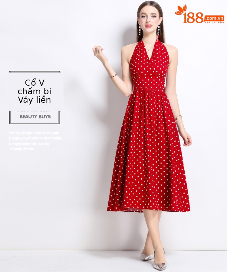 Đầm maxi cổ chữ V chấm bi đỏ phong cách Hồng Kông cổ điển, váy dài kiểu Pháp — Màu đen, Màu xanh lam, Màu trắng, Màu vàng chi tiết 1