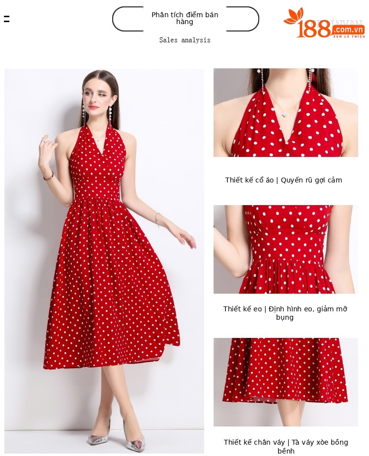 Đầm maxi cổ chữ V chấm bi đỏ phong cách Hồng Kông cổ điển, váy dài kiểu Pháp — Màu đen, Màu xanh lam, Màu trắng, Màu vàng chi tiết 2