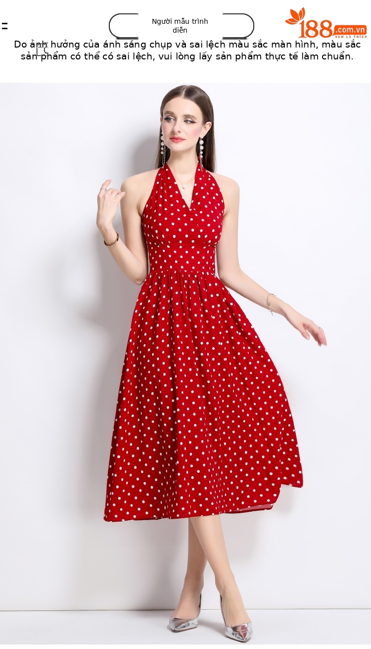 Đầm maxi cổ chữ V chấm bi đỏ phong cách Hồng Kông cổ điển, váy dài kiểu Pháp — Màu đen, Màu xanh lam, Màu trắng, Màu vàng chi tiết 4