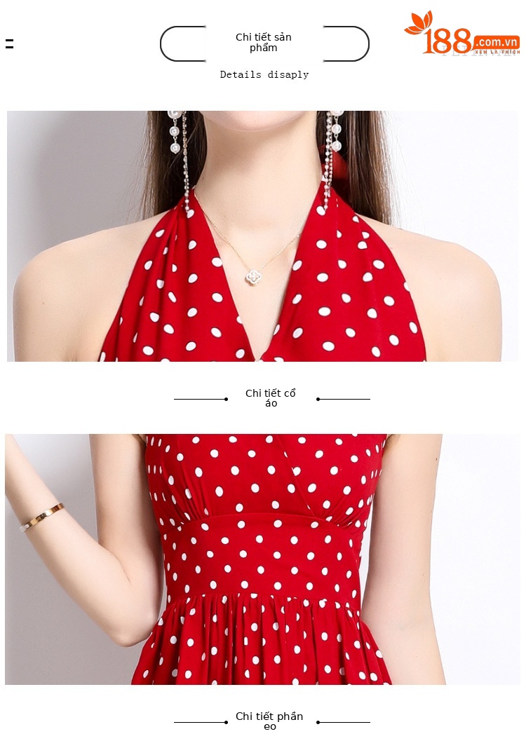 Đầm maxi cổ chữ V chấm bi đỏ phong cách Hồng Kông cổ điển, váy dài kiểu Pháp — Màu đen, Màu xanh lam, Màu trắng, Màu vàng chi tiết 10