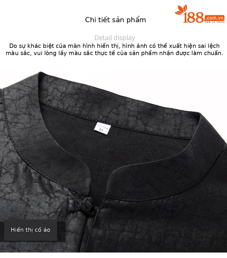 Áo sơ mi nam cổ đứng tay lửng 3/4 chất lụa mỏng phong cách retro — Đen 25177 chi tiết 14