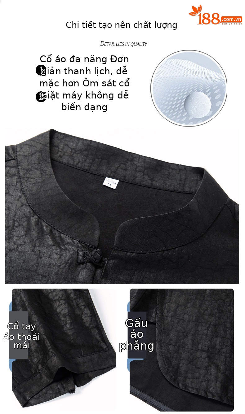 Áo sơ mi nam cổ đứng tay lửng 3/4 chất lụa mỏng phong cách retro — Đen 25177 chi tiết 7