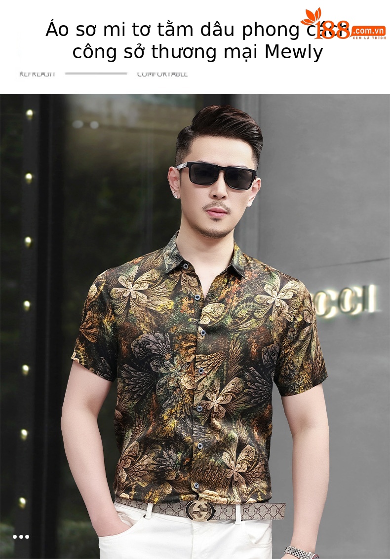 Áo sơ mi nam tay ngắn lụa satin in hoa cao cấp mùa hè — Màu hình 5316 chi tiết 1
