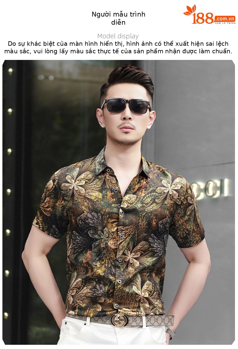 Áo sơ mi nam tay ngắn lụa satin in hoa cao cấp mùa hè — Màu hình 5316 chi tiết 8