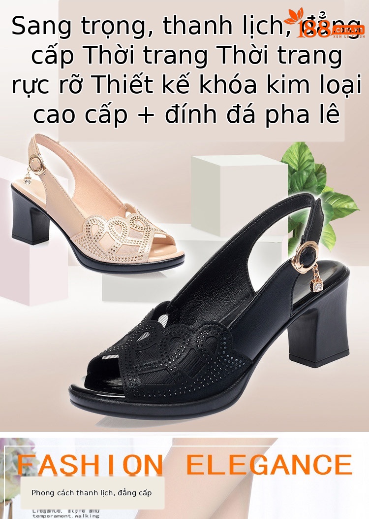 Sandal nữ quai chữ V gót dày đế mềm da thật — đen chi tiết 1