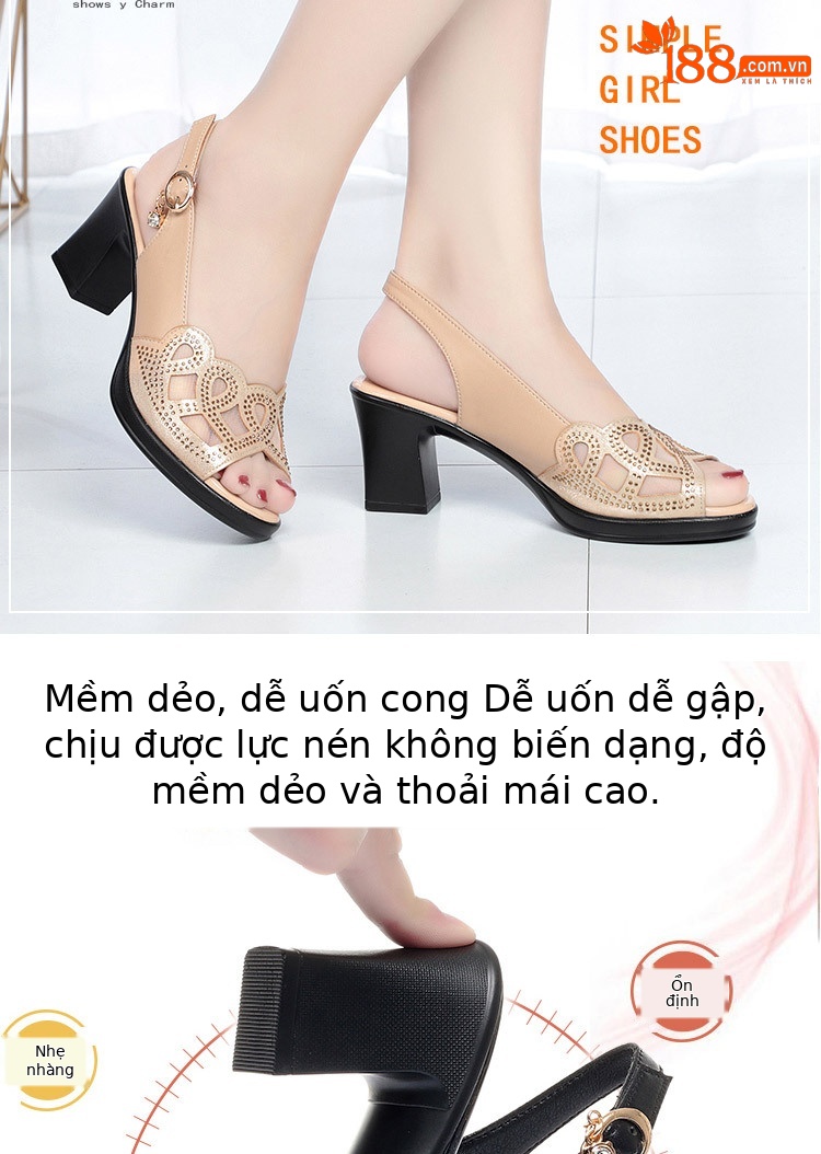 Sandal nữ quai chữ V gót dày đế mềm da thật — đen chi tiết 2