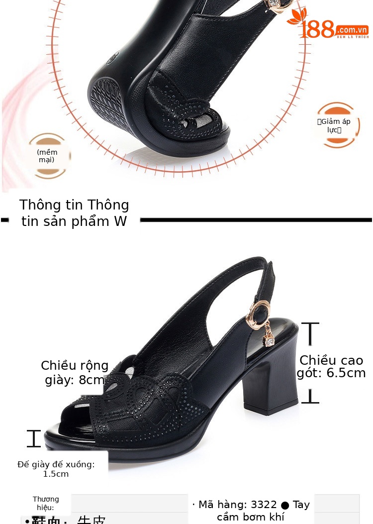 Sandal nữ quai chữ V gót dày đế mềm da thật — đen chi tiết 3