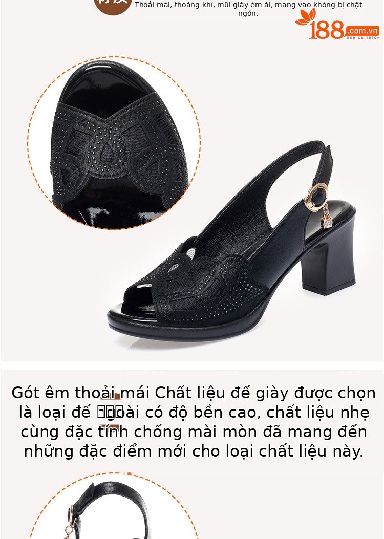 Sandal nữ quai chữ V gót dày đế mềm da thật — đen chi tiết 4