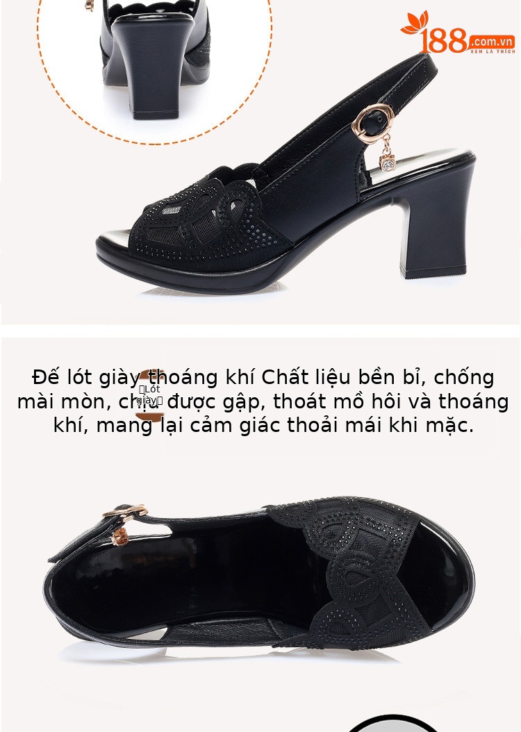 Sandal nữ quai chữ V gót dày đế mềm da thật — đen chi tiết 5
