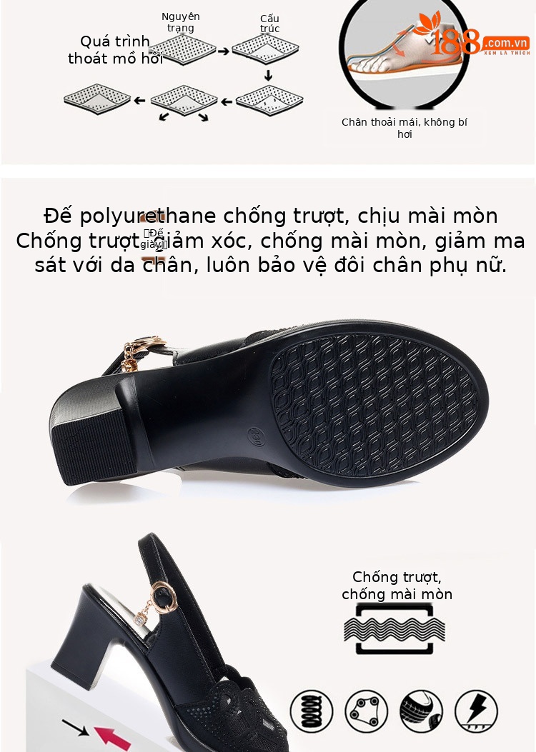 Sandal nữ quai chữ V gót dày đế mềm da thật — đen chi tiết 6