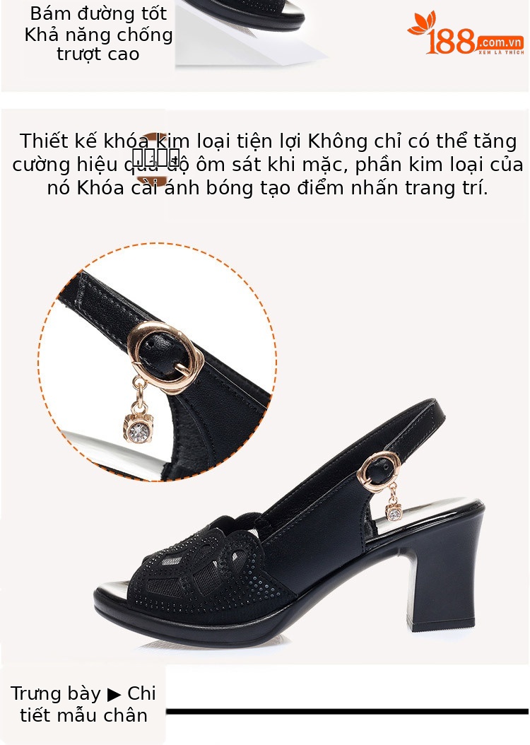 Sandal nữ quai chữ V gót dày đế mềm da thật — đen chi tiết 7