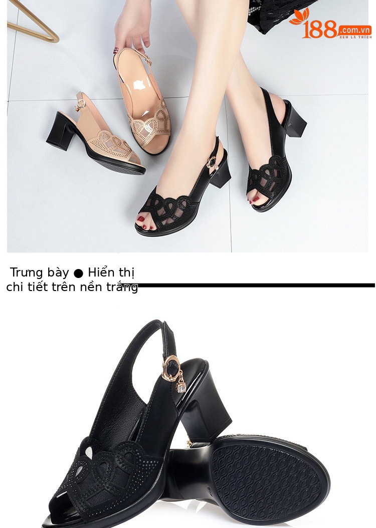 Sandal nữ quai chữ V gót dày đế mềm da thật — đen chi tiết 14