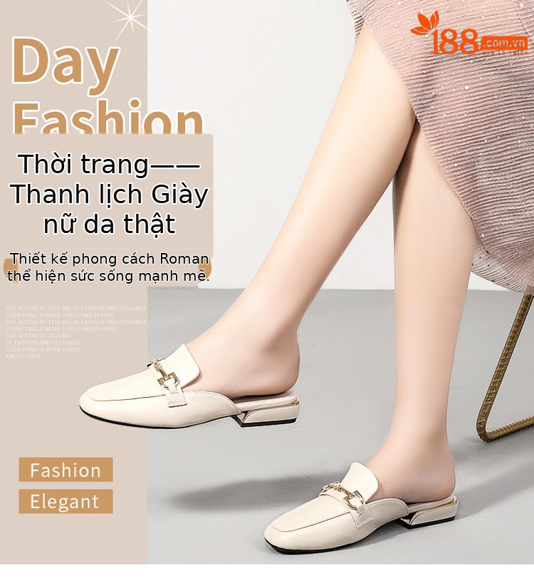 Dép lê bít mũi da bò đế bằng thoáng khí mùa hè cho nữ — Màu đen chi tiết 1