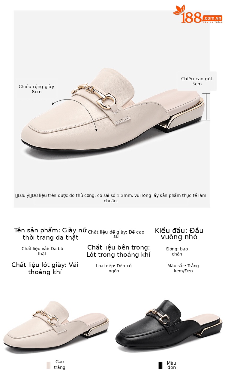 Dép lê bít mũi da bò đế bằng thoáng khí mùa hè cho nữ — Màu đen chi tiết 4