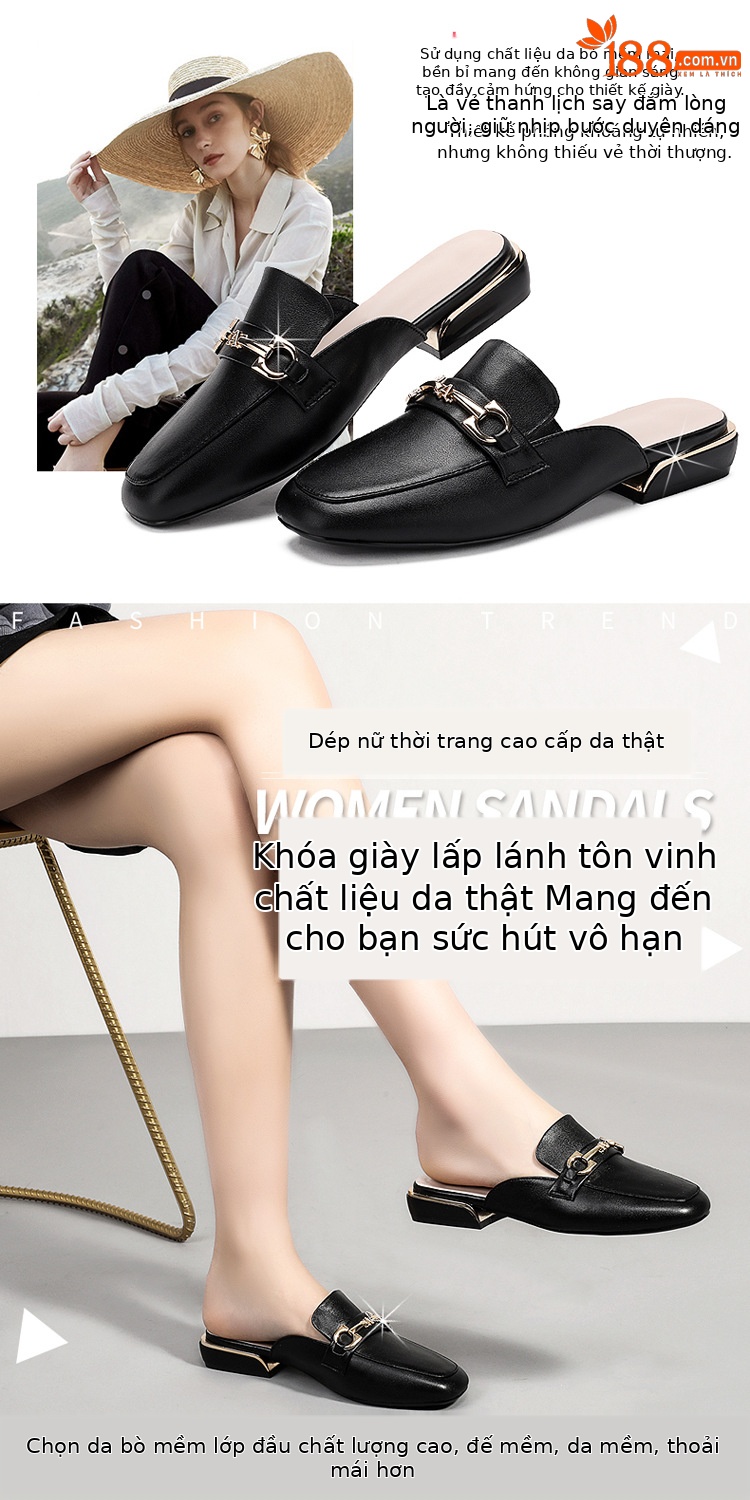 Dép lê bít mũi da bò đế bằng thoáng khí mùa hè cho nữ — Màu đen chi tiết 5