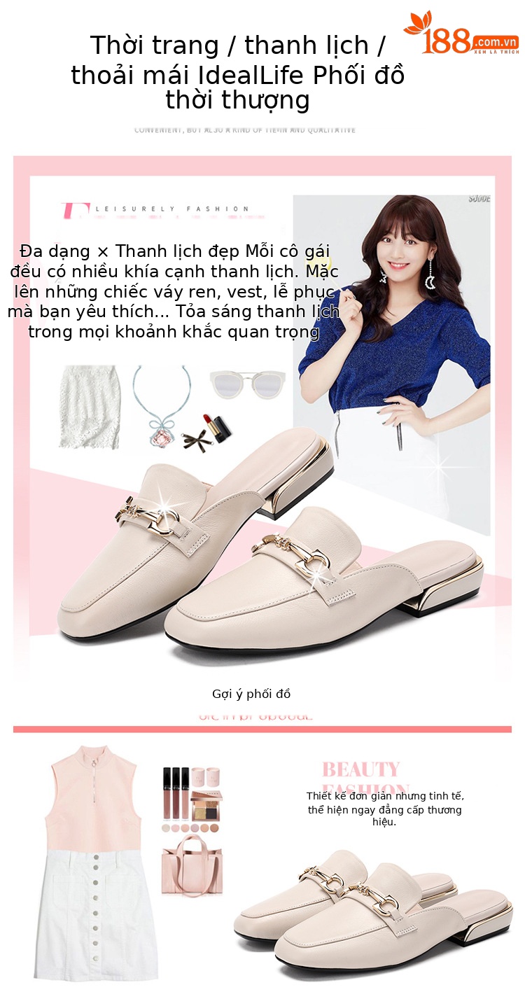 Dép lê bít mũi da bò đế bằng thoáng khí mùa hè cho nữ — Màu đen chi tiết 6