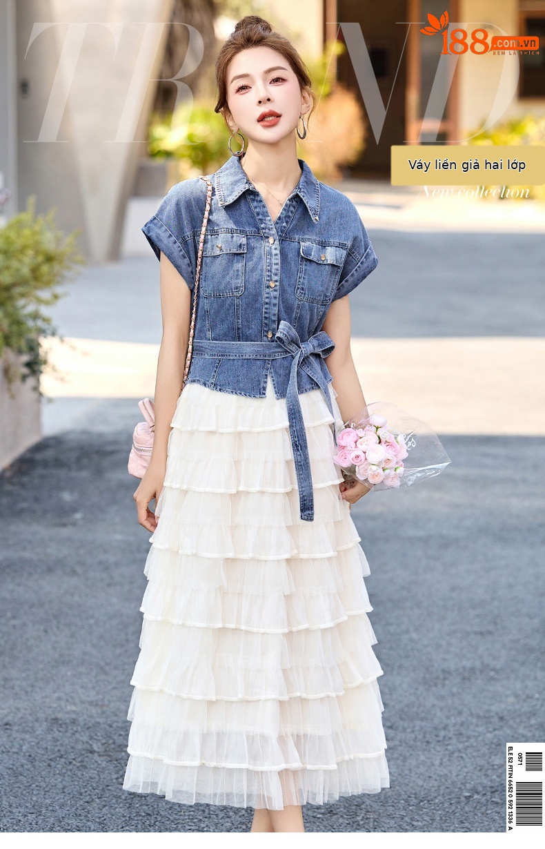 Váy liền denim tay ngắn thắt eo tôn dáng mới mùa hè 2025 YH2666 — Màu như hình chi tiết 1