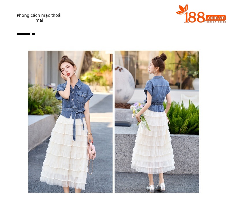 Váy liền denim tay ngắn thắt eo tôn dáng mới mùa hè 2025 YH2666 — Màu như hình chi tiết 3