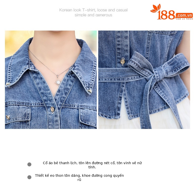 Váy liền denim tay ngắn thắt eo tôn dáng mới mùa hè 2025 YH2666 — Màu như hình chi tiết 5