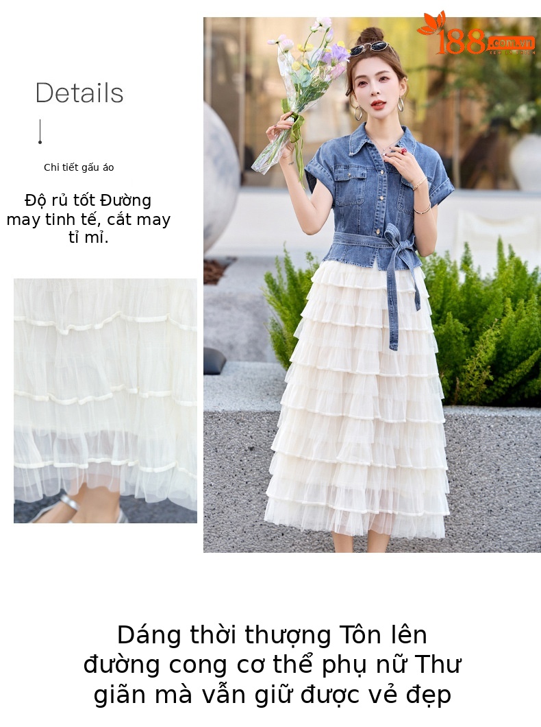 Váy liền denim tay ngắn thắt eo tôn dáng mới mùa hè 2025 YH2666 — Màu như hình chi tiết 6