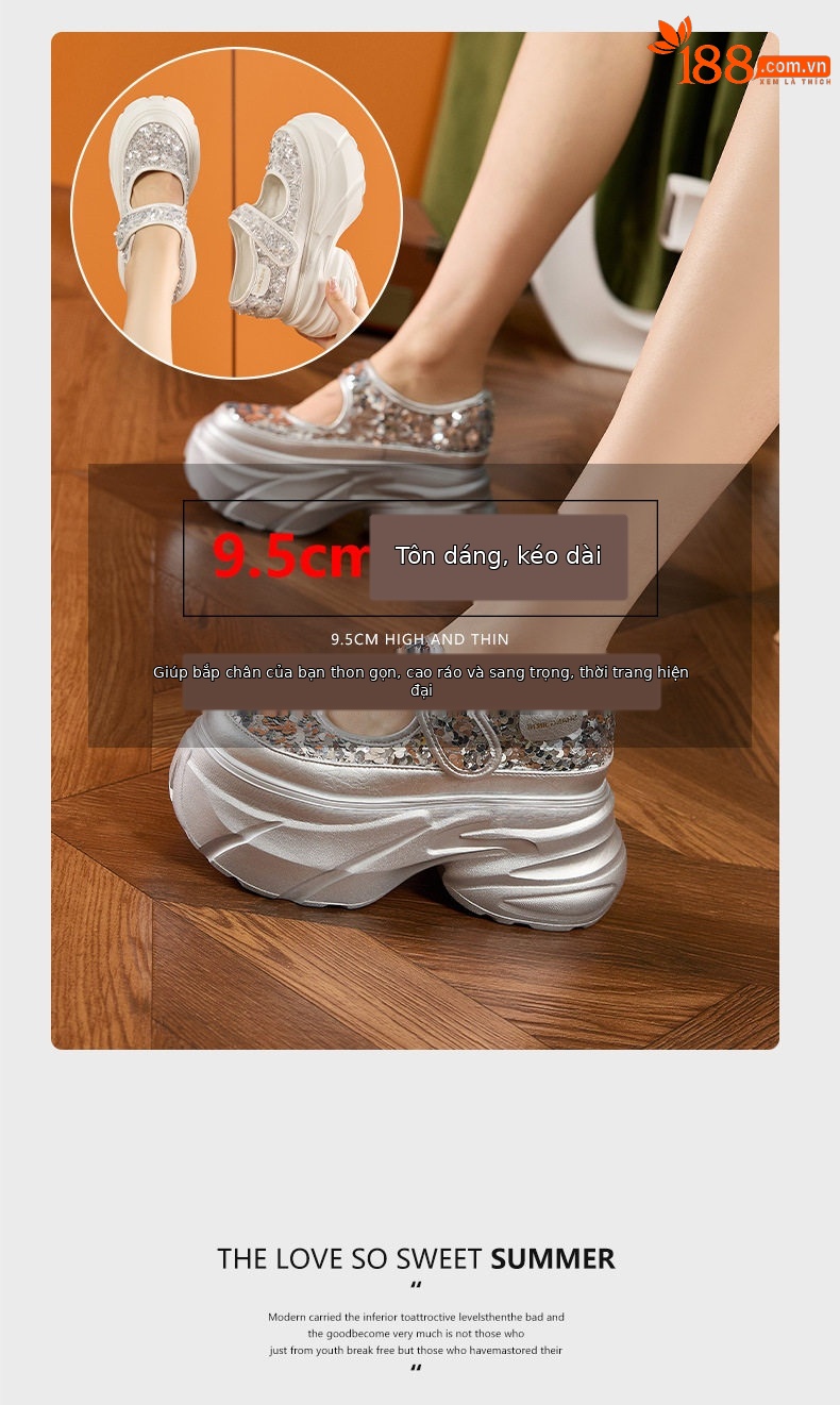 Dép sandal nữ quai chữ V đế wedge gót cao 8 cm — Bạc, Trắng chi tiết 9