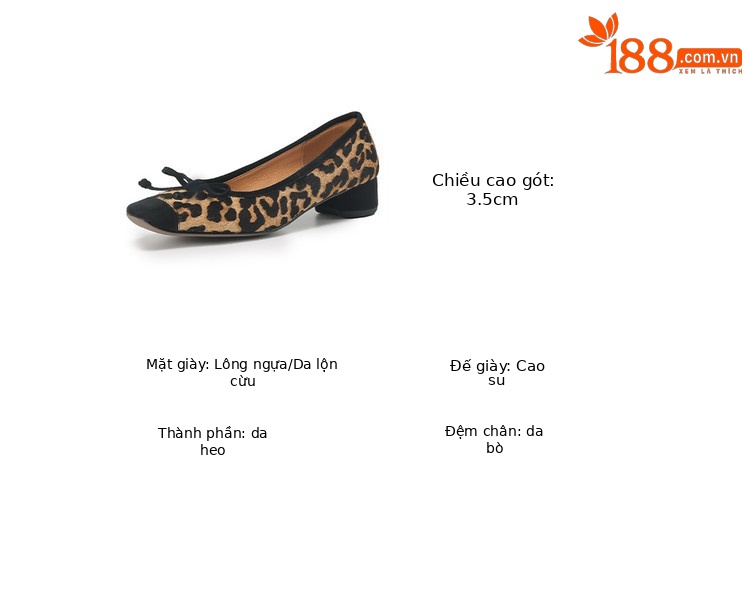 Giày búp bê nữ mũi vuông da thật gót vuông thấp nơ báo — Vân báo, Màu đen bạc chi tiết 7