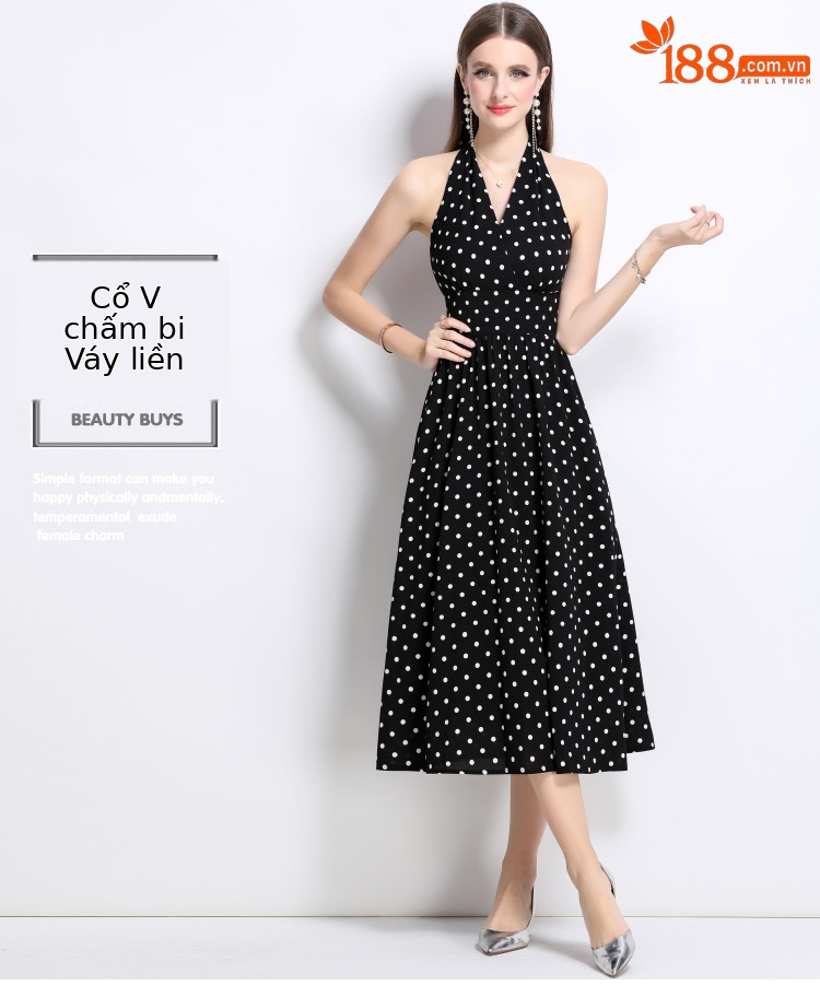 Váy liền không tay cổ điển kiểu Pháp chấm bi, cổ chữ V lệch vai, hở lưng nhỏ, phong cách trà nghỉ, mùa hè 2025 — Màu đen, Màu xanh lam, Màu trắng, Màu vàng chi tiết 1