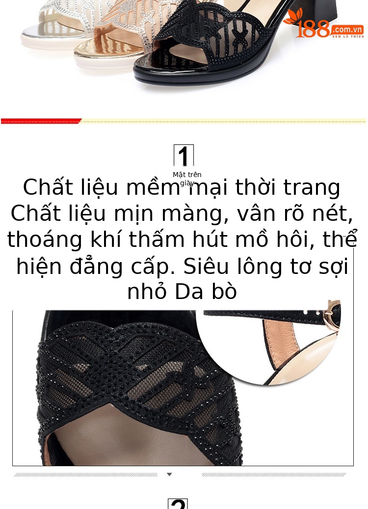 Sandal cao gót nữ hở mũi quai ngang đính đá rhinestone da thật — Màu đen chi tiết 3