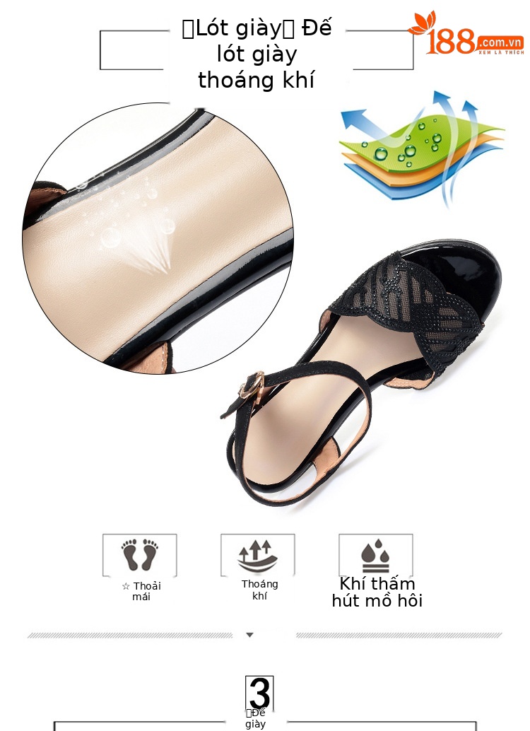 Sandal cao gót nữ hở mũi quai ngang đính đá rhinestone da thật — Màu đen chi tiết 4