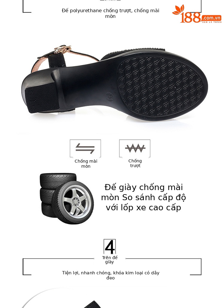 Sandal cao gót nữ hở mũi quai ngang đính đá rhinestone da thật — Màu đen chi tiết 5