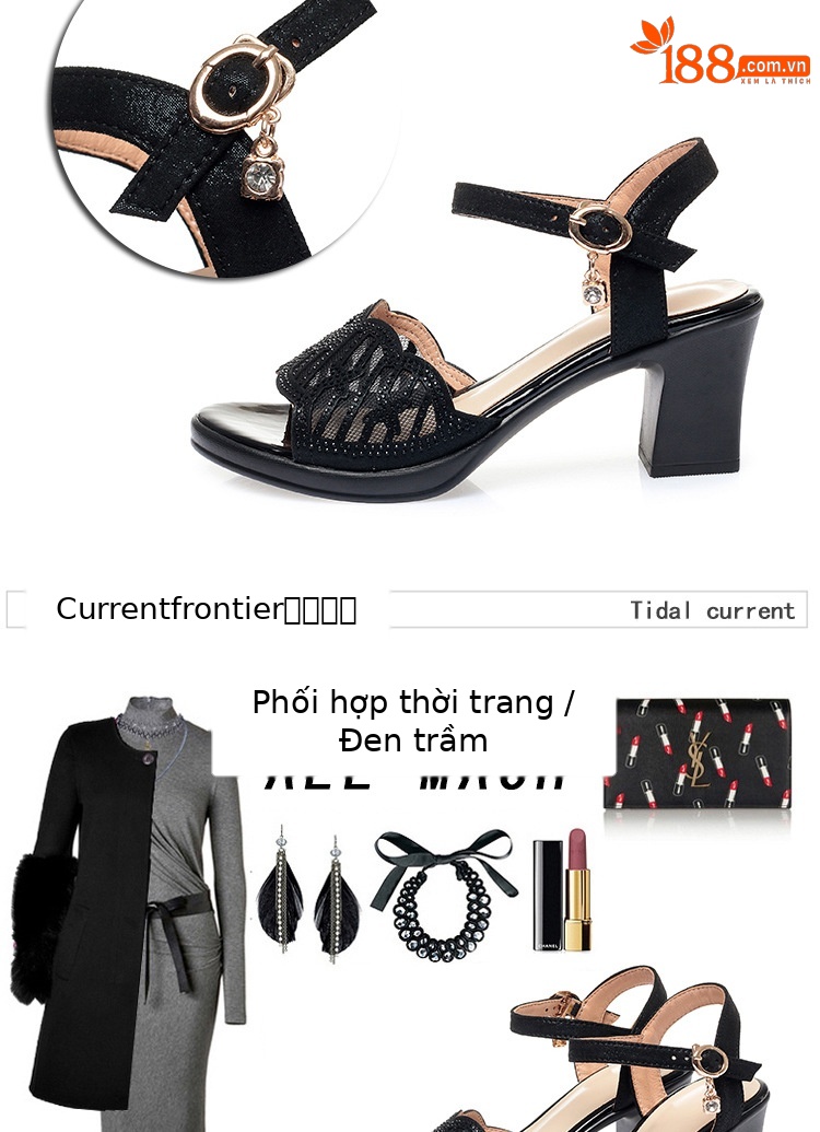 Sandal cao gót nữ hở mũi quai ngang đính đá rhinestone da thật — Màu đen chi tiết 6