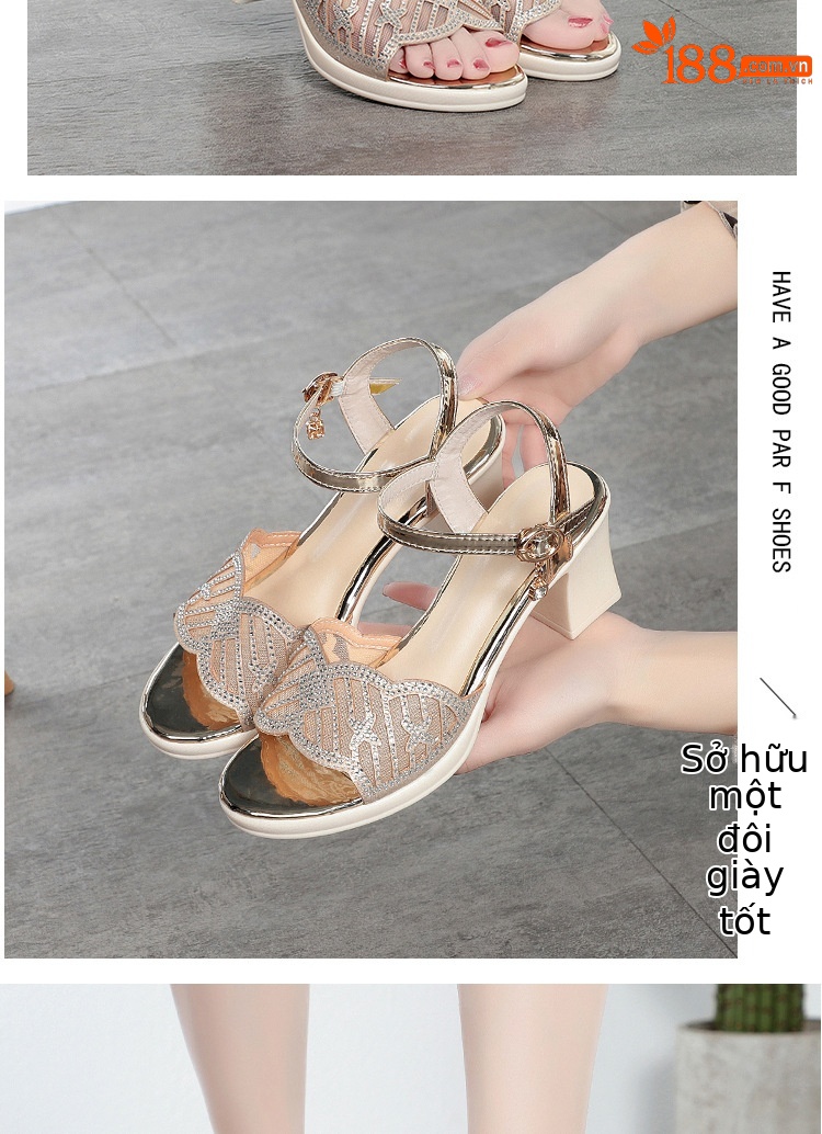 Sandal cao gót nữ hở mũi quai ngang đính đá rhinestone da thật — Màu đen chi tiết 10