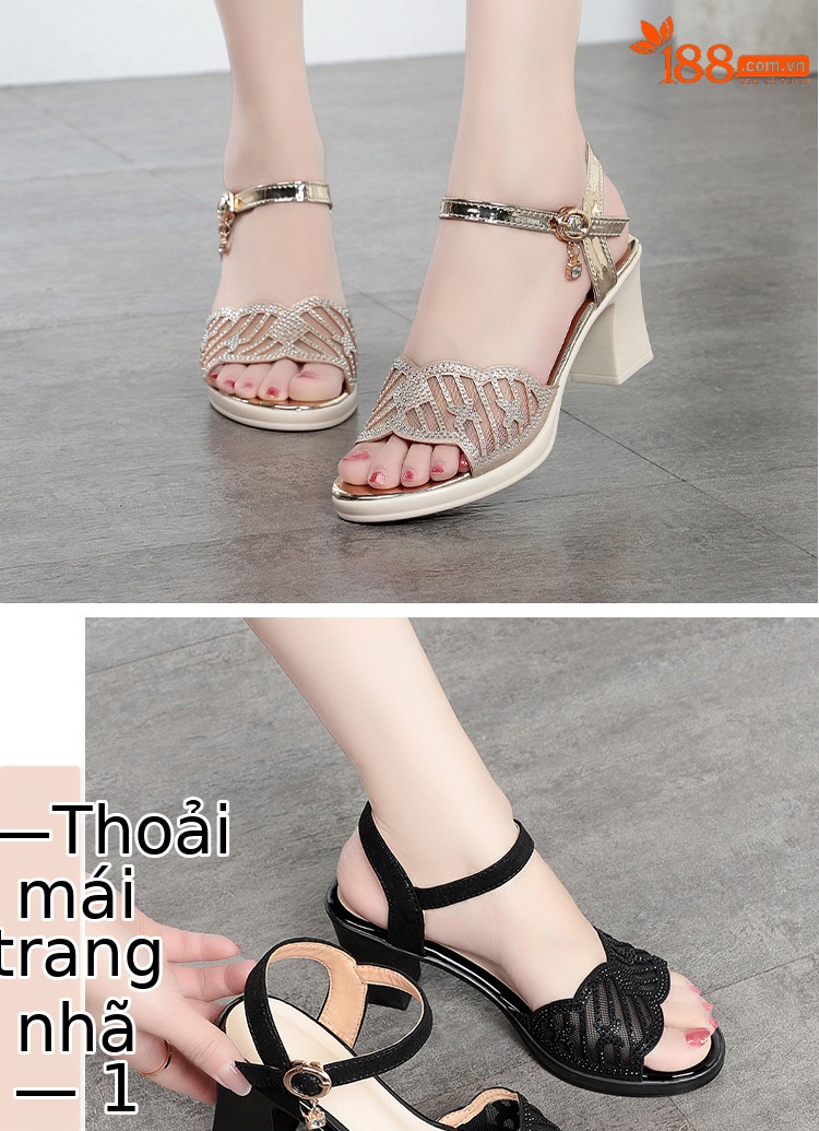 Sandal cao gót nữ hở mũi quai ngang đính đá rhinestone da thật — Màu đen chi tiết 11