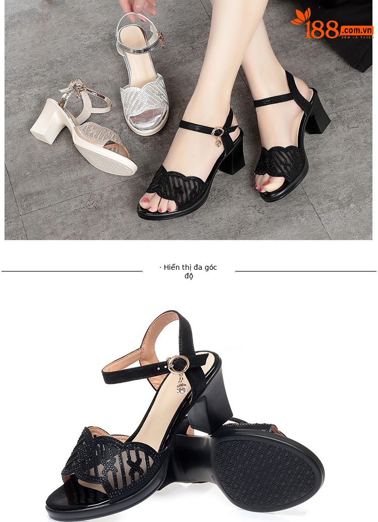 Sandal cao gót nữ hở mũi quai ngang đính đá rhinestone da thật — Màu đen chi tiết 14