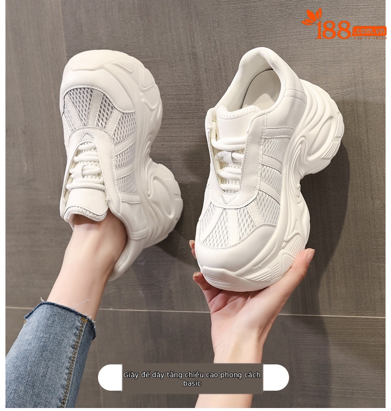 Giày sneaker chunky nữ đế dày tăng chiều cao mặt lưới thoáng khí — màu be chi tiết 1