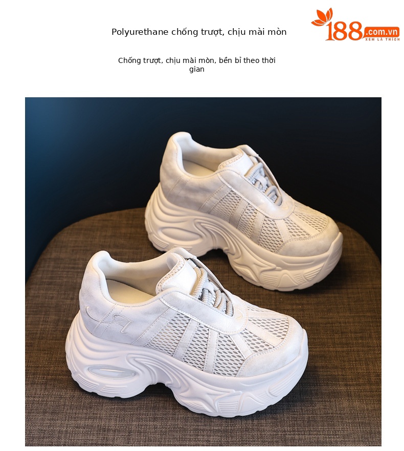 Giày sneaker chunky nữ đế dày tăng chiều cao mặt lưới thoáng khí — màu be chi tiết 10